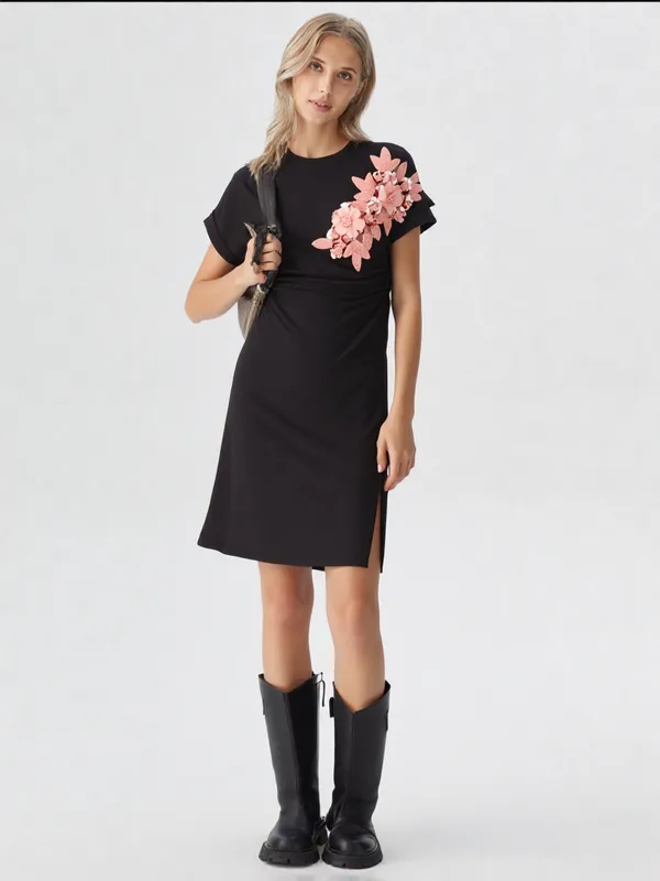 Women_S_Elegant_Tunic_Dress_With_Floral_Appliqu_Black
