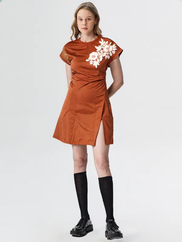 Women_S_Elegant_Tunic_Dress_With_Floral_Appliqu_Rust