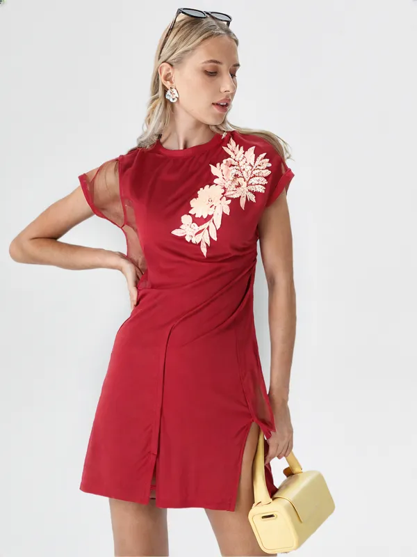 Women_S_Elegant_Tunic_Dress_With_Floral_Appliqu_Marron