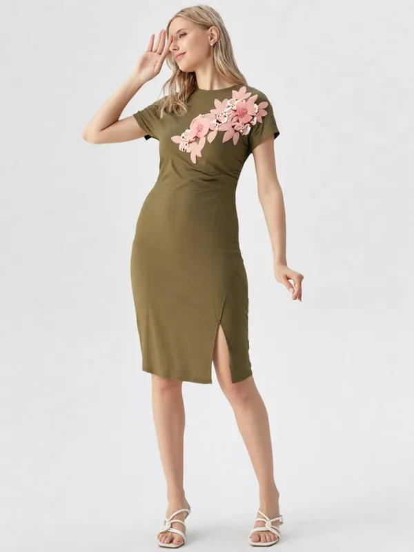 Women_S_Elegant_Tunic_Dress_With_Floral_Appliqu_D_Olive