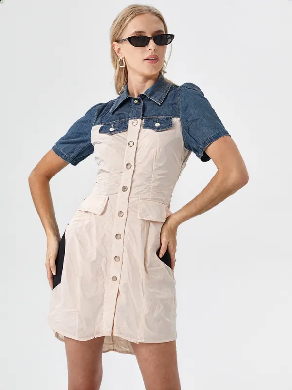 Women_S_Denim_Short_Sleeve_Snap_Front_Dress_Tunic_White