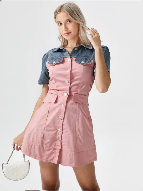 Women_S_Denim_Short_Sleeve_Snap_Front_Dress_Tunic_Peach