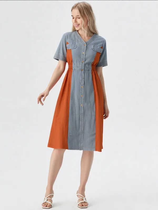 Women_S_Denim_Colorblock_Button_Down_Tunic_Rust