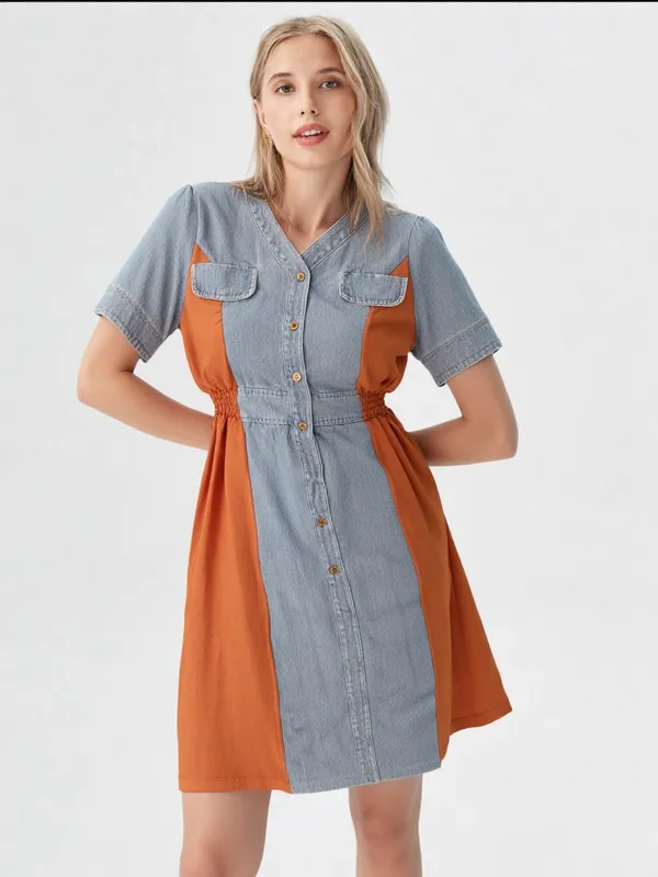 Women_S_Denim_Colorblock_Button_Down_Tunic_Rust