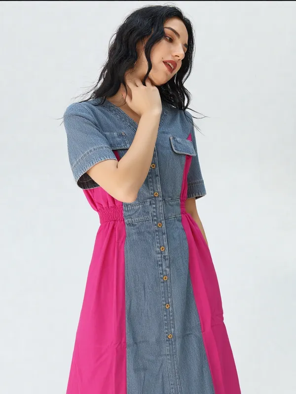 Women_S_Denim_Colorblock_Button_Down_Tunic_Magenta