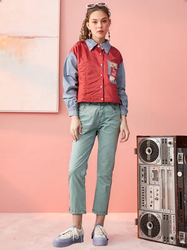 Women_S_Colorblock_Denim_Sleeve_Shirt_Brick
