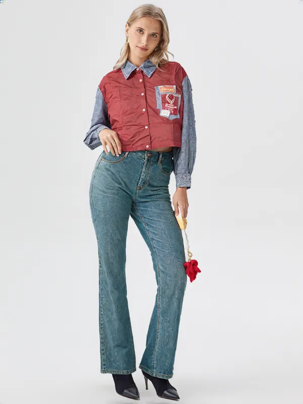Women_S_Colorblock_Denim_Sleeve_Shirt_Brick