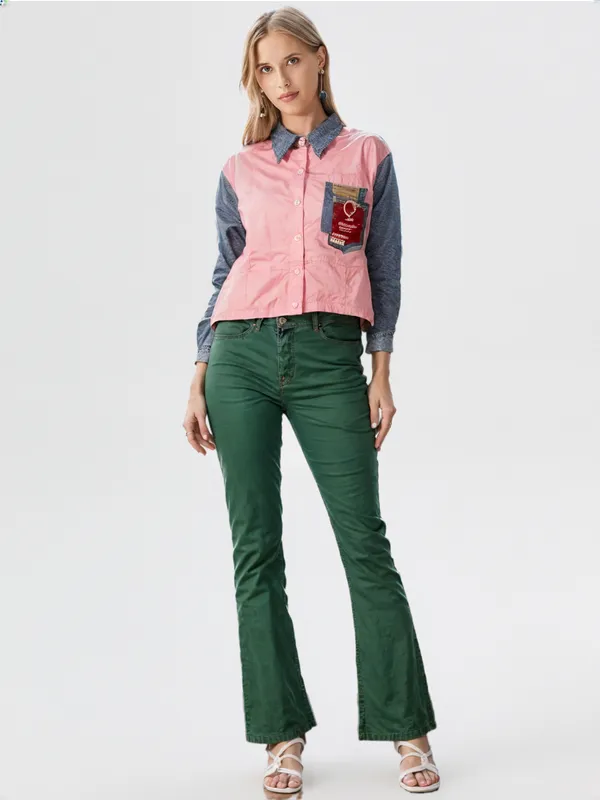 Women_S_Colorblock_Denim_Sleeve_Shirt_Pink