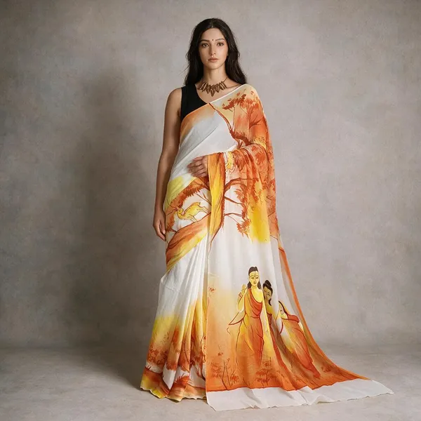 White_Pure_Mul_Cotton_Hand_Painted_Saree
