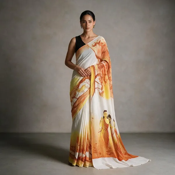 White_Pure_Mul_Cotton_Hand_Painted_Saree