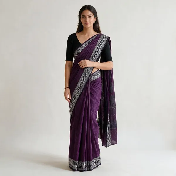 Purple_Weaving_Work_Border_Check_Cotton_Handloom_Saree