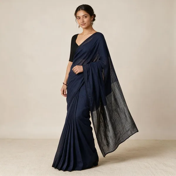 Dark_Blue_Cotton_Handloom_Pallu_Zari_Work_Saree_With_Blouse_Piece
