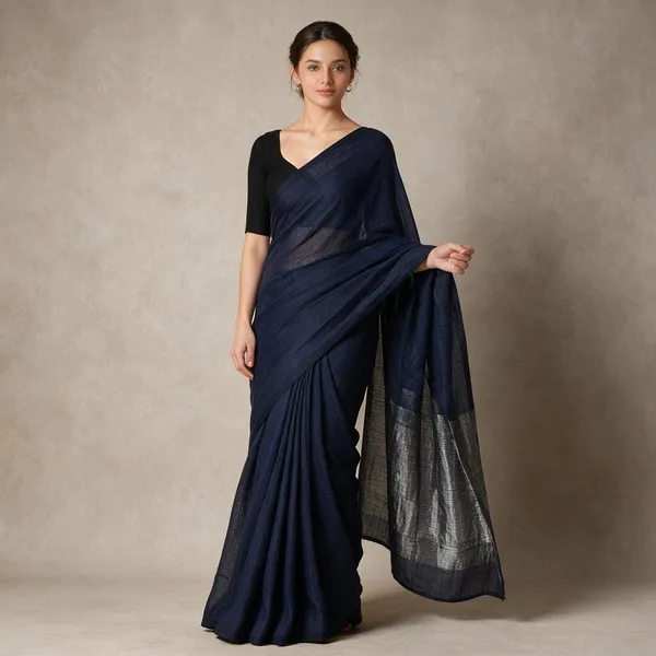 Dark_Blue_Cotton_Handloom_Pallu_Zari_Work_Saree_With_Blouse_Piece