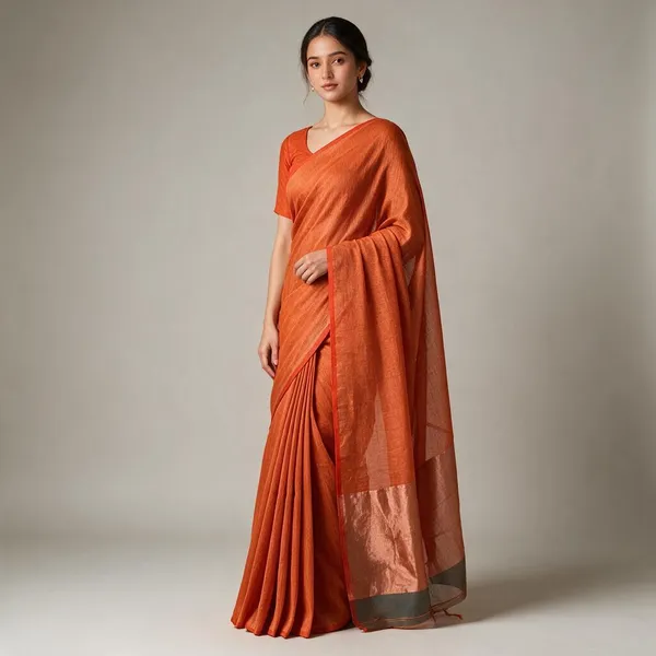 Orange_Cotton_Handloom_Pallu_Zari_Work_Saree_With_Blouse_Piece