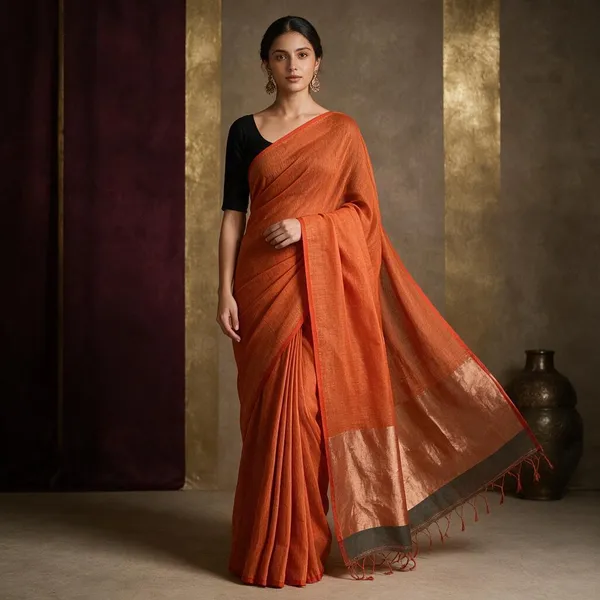 Orange_Cotton_Handloom_Pallu_Zari_Work_Saree_With_Blouse_Piece