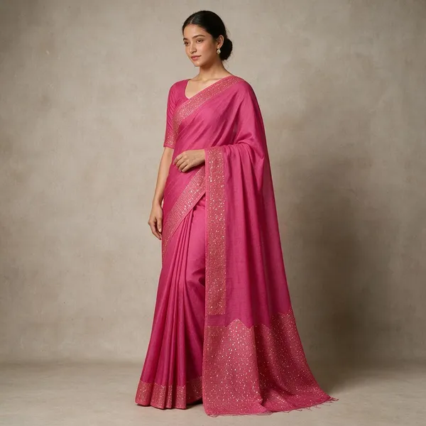 Rani_Pink_Cotton_Silk_Sequin_Work_Handloom_Saree_With_Blouse_Piece