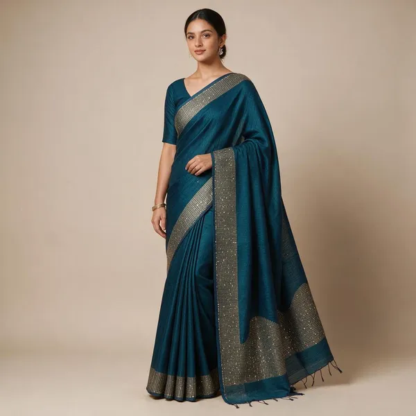 Navy_Blue_Cotton_Silk_Sequin_Work_Handloom_Saree_With_Blouse_Piece