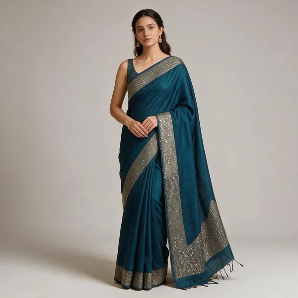 Navy_Blue_Cotton_Silk_Sequin_Work_Handloom_Saree_With_Blouse_Piece