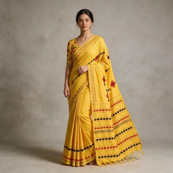 Yellow_Cotton_Handloom_Khesh_Applique_Work_Saree_With_Bp