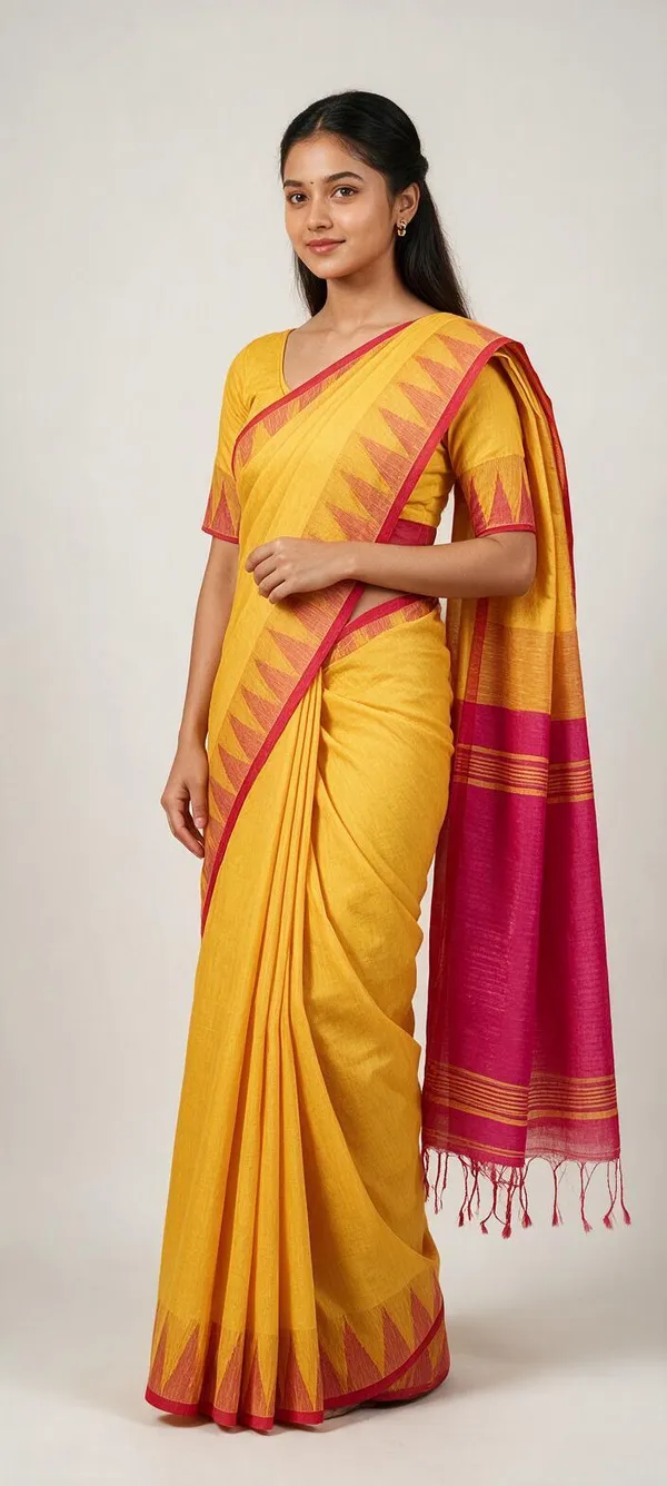 Yellow_Cotton_Silk_Temple_Border_Woven_Handloom_Saree