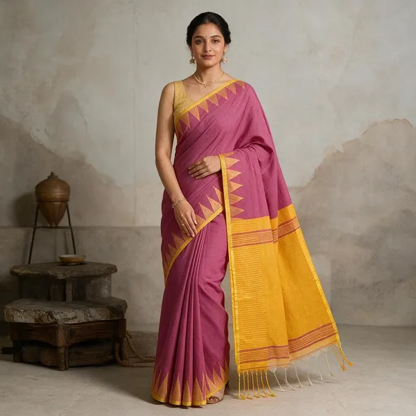 Rani_Pink_Cotton_Silk_Temple_Border_Woven_Handloom_Saree