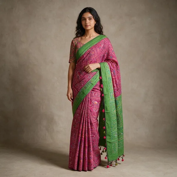 Pink_Madhubani_Cotton_Silk_Printed_Saree