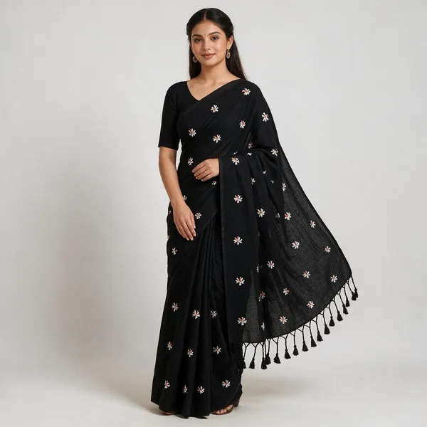 Black_Cotton_Embroidery_Shiuli_Design_Saree