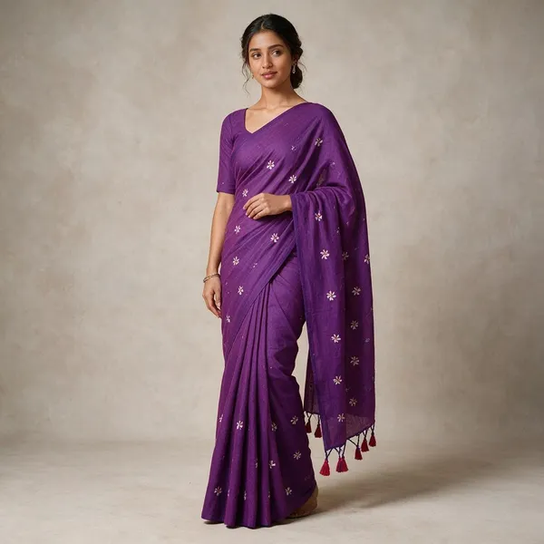 Purple_Cotton_Embroidery_Shiuli_Design_Saree