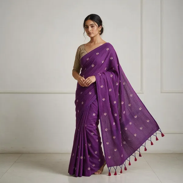 Purple_Cotton_Embroidery_Shiuli_Design_Saree