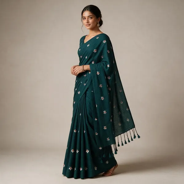 Forest_Green_Cotton_Embroidery_Shiuli_Design_Saree
