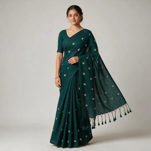 Forest_Green_Cotton_Embroidery_Shiuli_Design_Saree