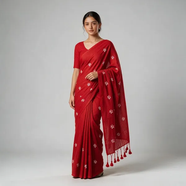 Red_Cotton_Embroidery_Shiuli_Design_Saree