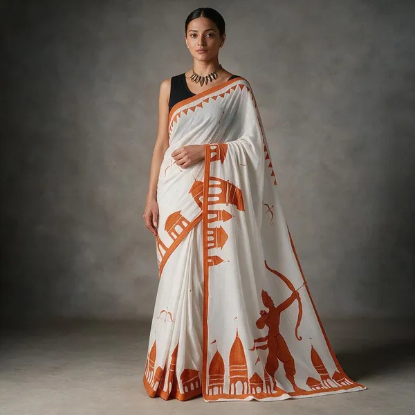 White_Pure_Mul_Cotton_Hand_Painted_Saree