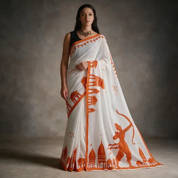 White_Pure_Mul_Cotton_Hand_Painted_Saree