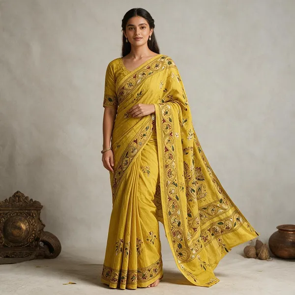 Yellow_Art_Silk_Kantha_Saree_With_Blouse_Piece
