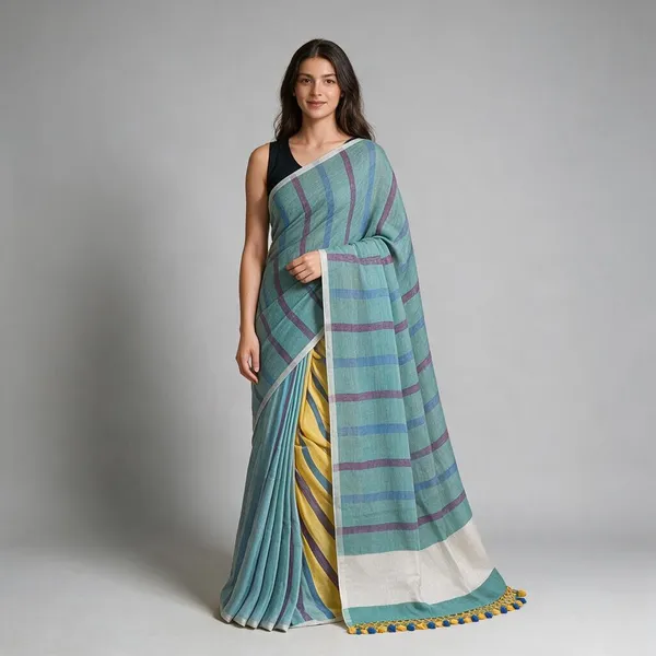Blue_Stripe_Pattern_Linen_Handloom_Saree_With_Blouse_Piece