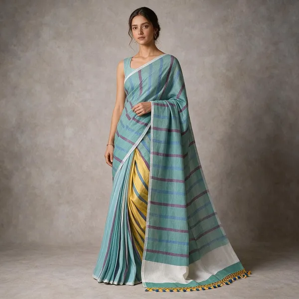 Blue_Stripe_Pattern_Linen_Handloom_Saree_With_Blouse_Piece