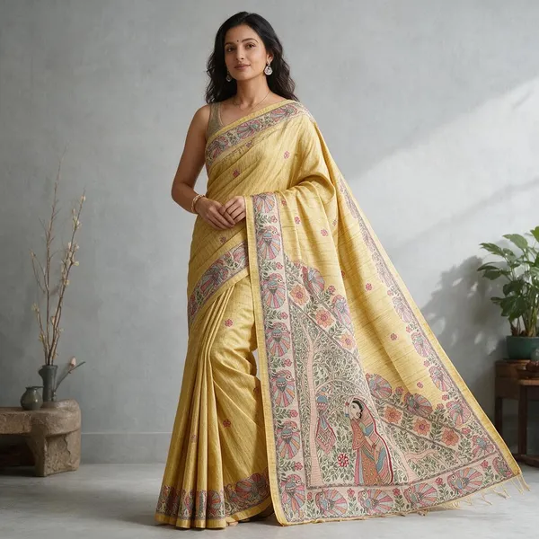 Yellow_Madhubani_Cotton_Silk_Printed_Saree