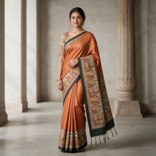 Orange_Ghicha_Silk_Madhubani_Saree