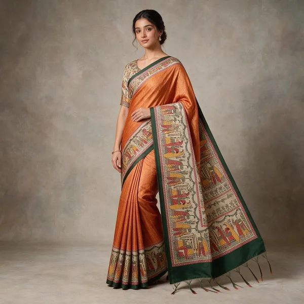 Orange_Ghicha_Silk_Madhubani_Saree