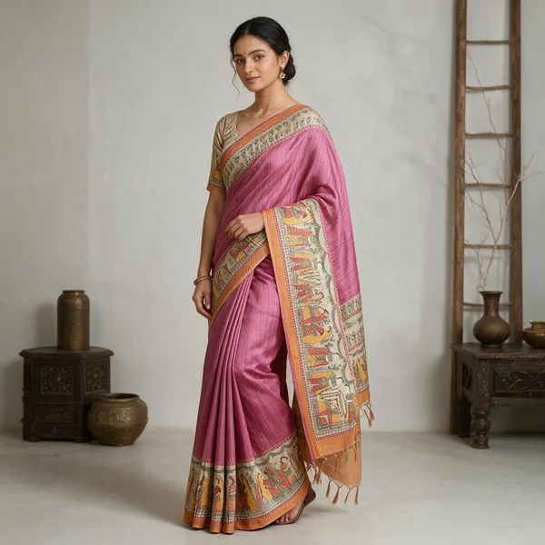 Pink_Ghicha_Silk_Madhubani_Saree