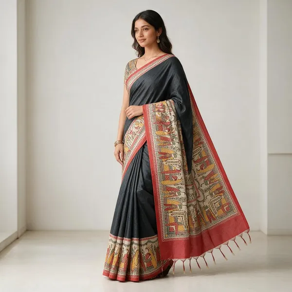Black_Ghicha_Silk_Madhubani_Saree
