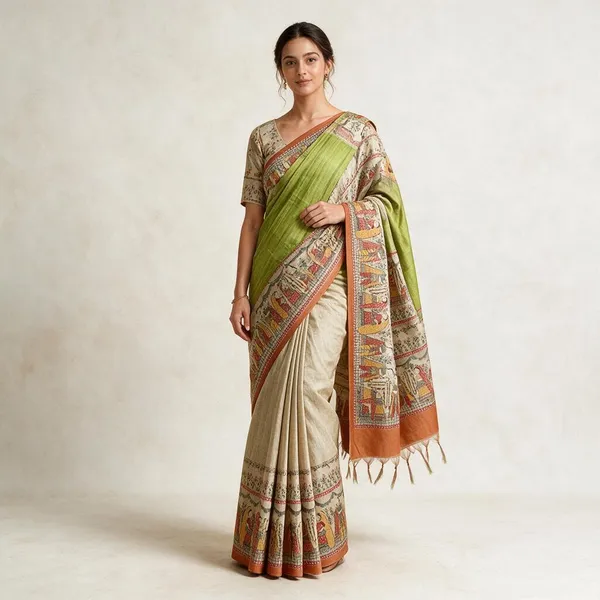 Lawn_Green_Ghicha_Silk_Madhubani_Saree