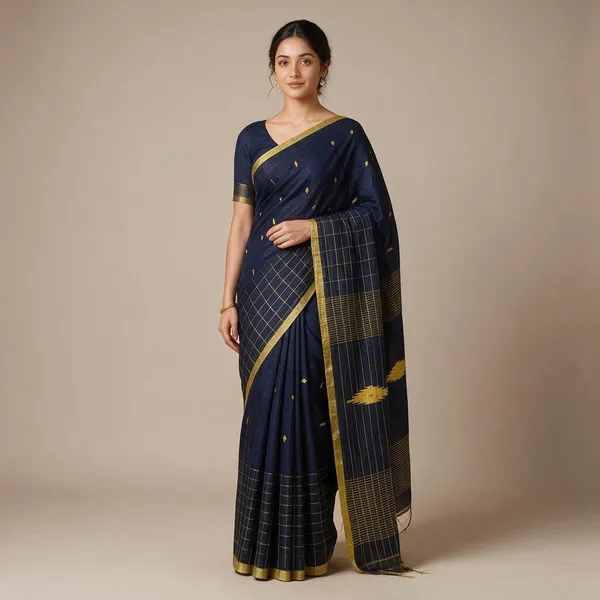Dark_Blue_Cotton_Silk_Half_Check_Half_Buti_Work_Handloom_Saree_With_Blouse_Piece