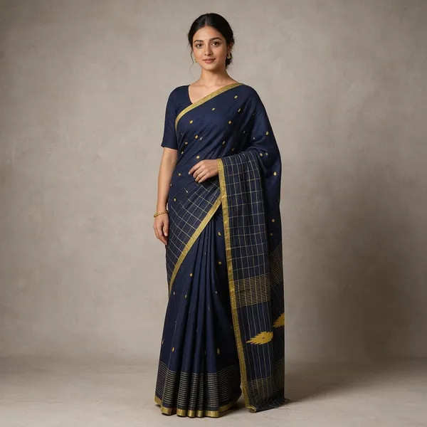 Dark_Blue_Cotton_Silk_Half_Check_Half_Buti_Work_Handloom_Saree_With_Blouse_Piece