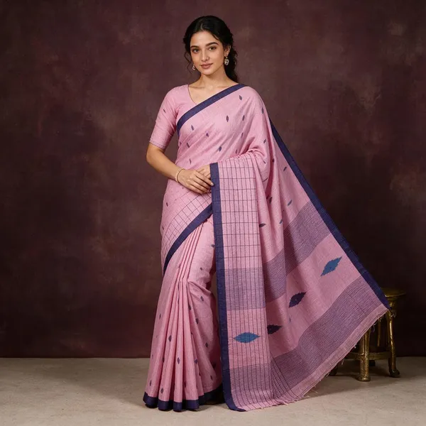 Baby_Pink_Cotton_Silk_Half_Check_Half_Buti_Work_Handloom_Saree_With_Blouse_Piece