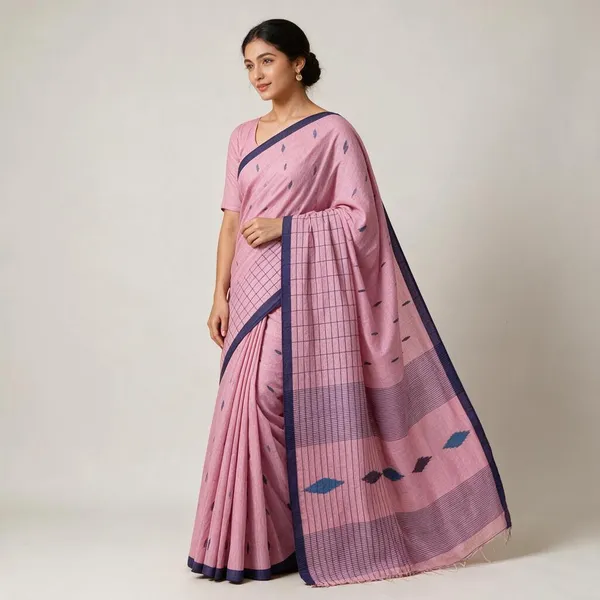 Baby_Pink_Cotton_Silk_Half_Check_Half_Buti_Work_Handloom_Saree_With_Blouse_Piece