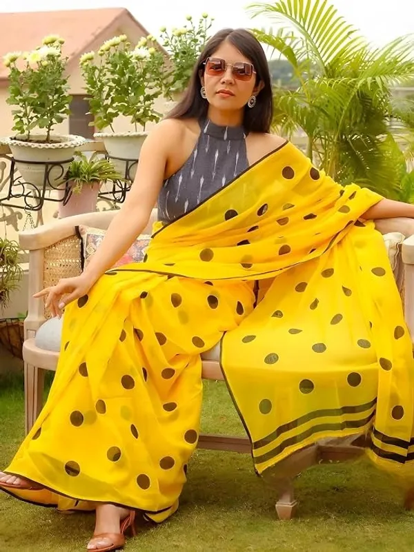 Yellow_Polka_Dot_Print_Cotton_Saree