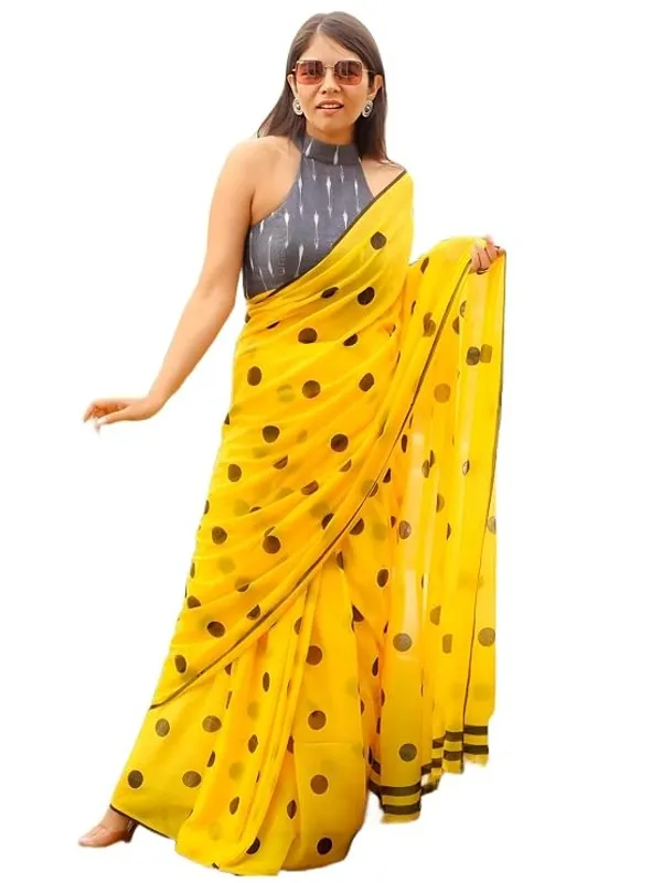 Yellow_Polka_Dot_Print_Cotton_Saree