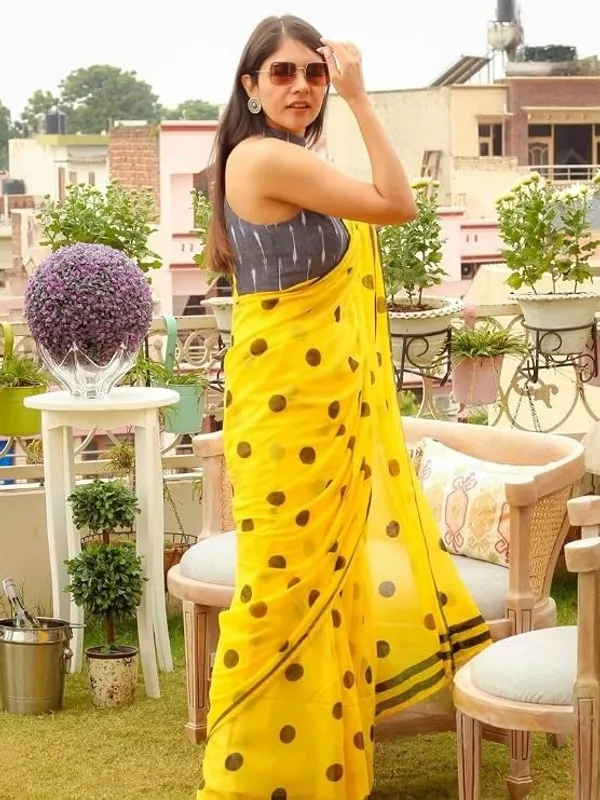 Yellow_Polka_Dot_Print_Cotton_Saree